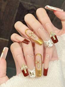10pcs Handmade Press-On Nails, Rectangular Shape, Pink, Gold And Red Color Block, Decorated With Cross, Niche High-End White Nail Art, Suitable For Women - Red - View 4