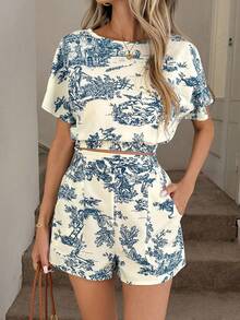 Women's Casual And Elegant Vintage Floral Print Set, Includes A Blouse With A Round Neck And Gathered Waist, And Shorts With Ruffles At The Waist And Pockets - 藍白 - 查看 1