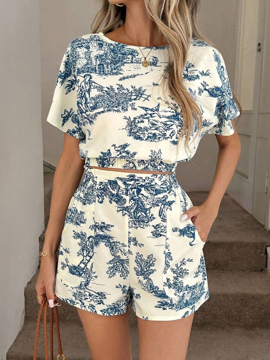 Women's Casual And Elegant Vintage Floral Print Set, Includes A Blouse With A Round Neck And Gathered Waist, And Shorts With Ruffles At The Waist And Pockets - 藍白 - 查看 1