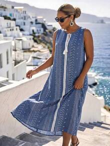 Ceyna Vestido sin mangas de talla grande para mujer, de estilo francés, casual y elegante, con bordado y estampado floral - Azul marino - Ver 1