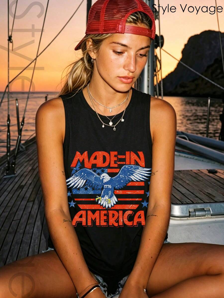 Style Voyage Women's Bald Eagle And USA Flag Graphic Tank Top, Vintage Distressed Sleeveless Shirt For 4th Of July, Memorial Day And Summer - 黑色 - 查看 1
