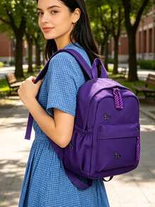 Women's Solid Color Nylon Lightweight Backpack, Cute Pony Pattern Casual Daily Backpack, Multi-Pocket Minimalist Solid Color School Bag, Suitable For School, Work, Travel And Daily Use - Purple - View 3