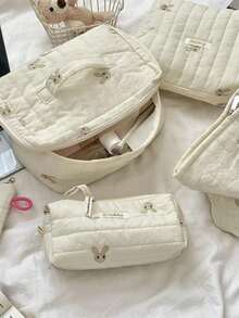Embroidered Multifunctional Makeup Bag Large Cosmetic Organizer Storage Handbag For Women - Apricot - View 1