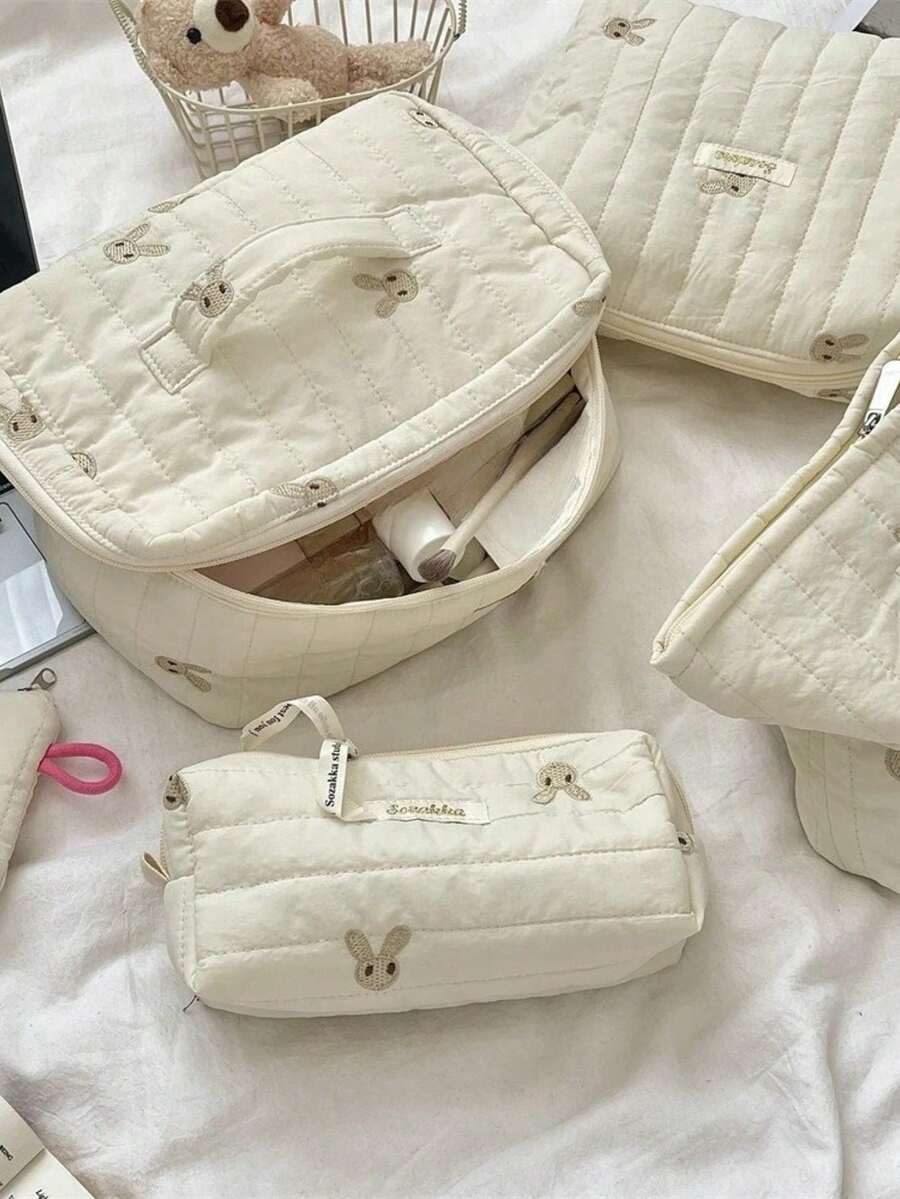 Embroidered Multifunctional Makeup Bag Large Cosmetic Organizer Storage Handbag For Women - Apricot - View 1
