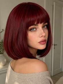 12 Inch Burgundy Straight High Temperature Synthetic Wig With Bangs Design, Fluffy Fashionable Women's Style For Halloween, Christmas, Party, Carnival, Cosplay - Burgundy - View 3