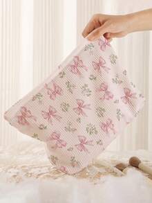 1pc Portable Cosmetic Storage Bag Bow Pattern Double-Sided Print Travel Zipper Makeup Bag Multifunctional Toiletry Organizer - Multicolor - View 6