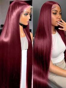 28 Inch 13x4 Transparent 99J Burgundy Straight Lace Front Wigs 200 Density Brazilian Pre Plucked Hairline With Baby Hair Elastic Band Can Be Middle Part Left/ Right Side Part And Free Part Available Red Wine For Women - S99J - 查看 2