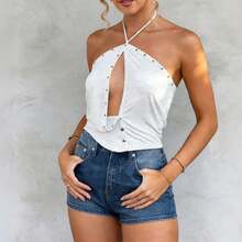 Womens Rivets Studded Halter Neck Plunge Cami Top Self-Tie Spaghetti Straps V-Neck Cut Out Front Crop Tank Top Camisole Vest Y2K Streetwear Party Tops - F210948-灰色 - 查看 9