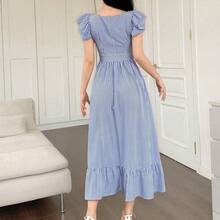 yonghongmaoyi1  Vestido de tirantes con volantes y estampado floral diminuto, vestido elegante de cuello cuadrado para uso diario - Blanco - Ver 4