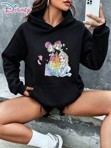 Disney Frozen Elsa Magic Castle Watercolor Mickey Ear Silhouette Cartoon Graphic Pullover Hoodie Women's Casual Daily Wear Long Sleeve Soft Comfortable Magical Princess Themed Vacation Outfit It Is A Gift For Fans And Friends, And It Is Also A Perfect Gift Choice For Lovers And Relatives. - Black - View 1