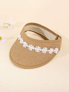 1件兒童雛菊珍珠裝飾草編遮陽帽，適合海灘與休閒穿著 - 1PC - 查看 10