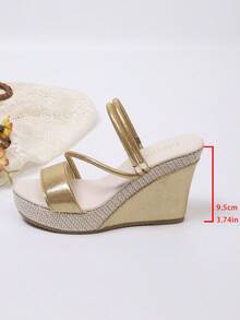 Women's Rhinestone Decorated Wedge Sandals, Straw Trim Open Toe Slide Sandals, Slip-On Summer Thick Sole Wedge Shoes, Vacation Style Rhinestone Embellished Wedge Slippers, Open Toe Straw Wedge Sandals - Rose Gold - View 10