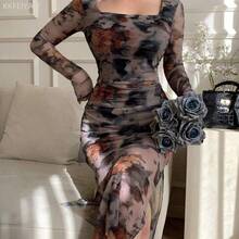 Soqi Women's Clothing Vestido con estampado floral de primavera y verano, vestido elegante de manga larga transparente con dobladillo de sirena ajustado para festival de música, boda, fiesta, vestido de paseo - Morado - Ver 4