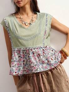 Camiseta sin mangas casual con cuello en V y estampado floral para mujer - Verde - Ver 1