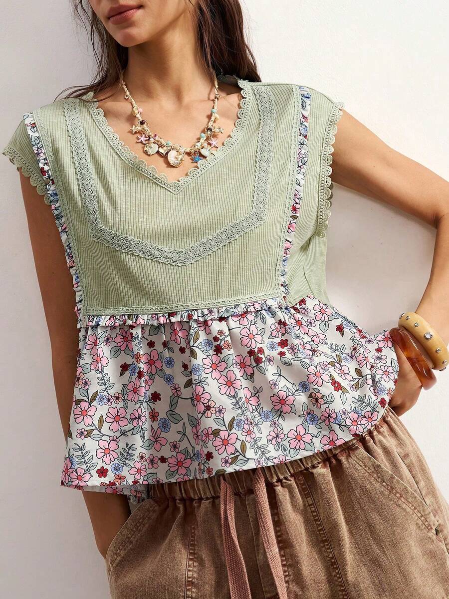Camiseta sin mangas casual con cuello en V y estampado floral para mujer - Verde - Ver 1