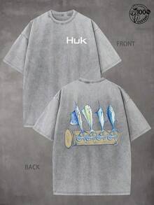 HUK Fishing Shirts For Men,Daily Y2K Style Outfit, Fishing Enthusiast, Streetwear,Fall Clothes,230G Washed High-Quality Cotton Printed T-Shirt; - 灰色 - 查看 1