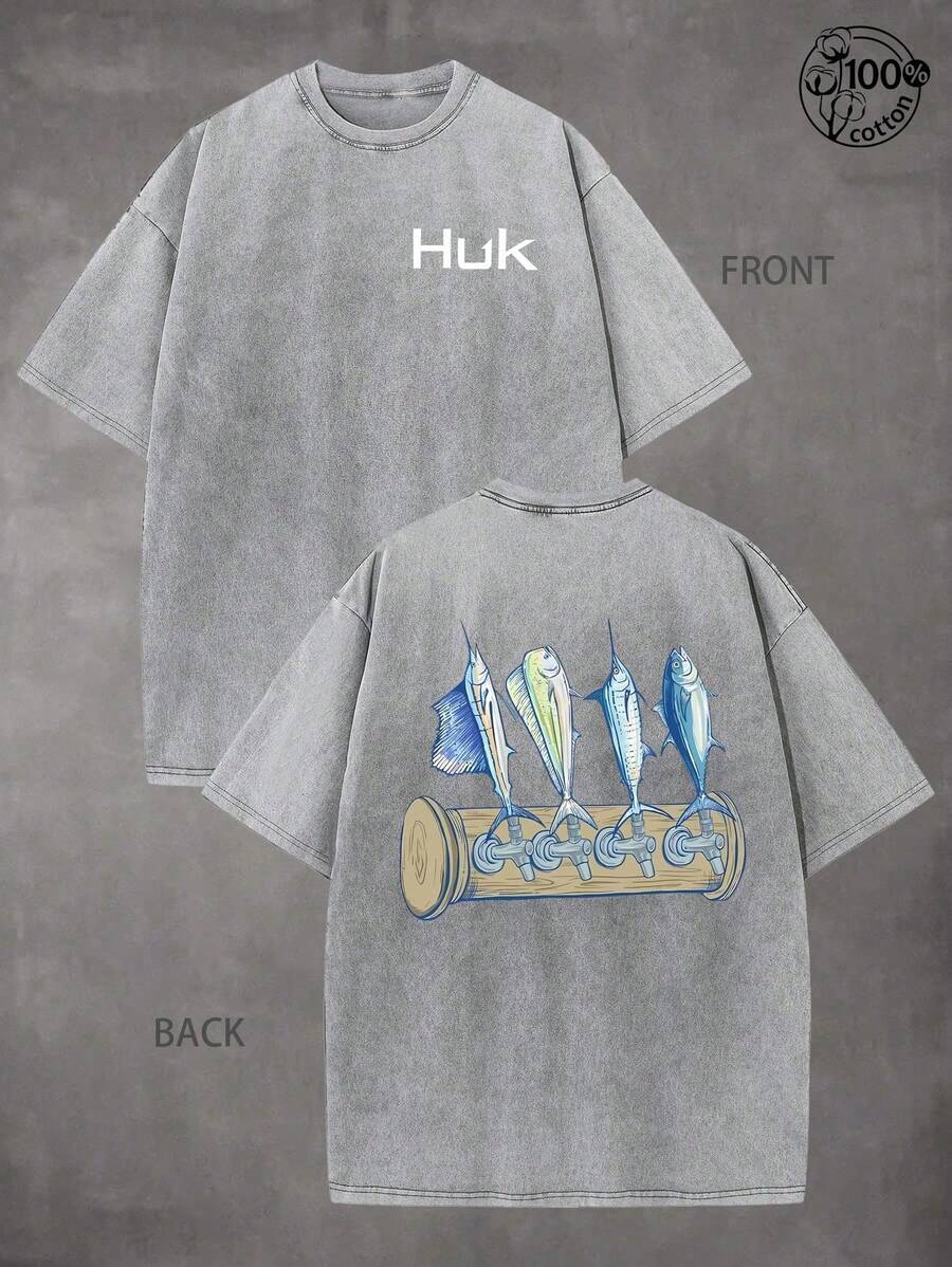 HUK Fishing Shirts For Men,Daily Y2K Style Outfit, Fishing Enthusiast, Streetwear,Fall Clothes,230G Washed High-Quality Cotton Printed T-Shirt; - 灰色 - 查看 1