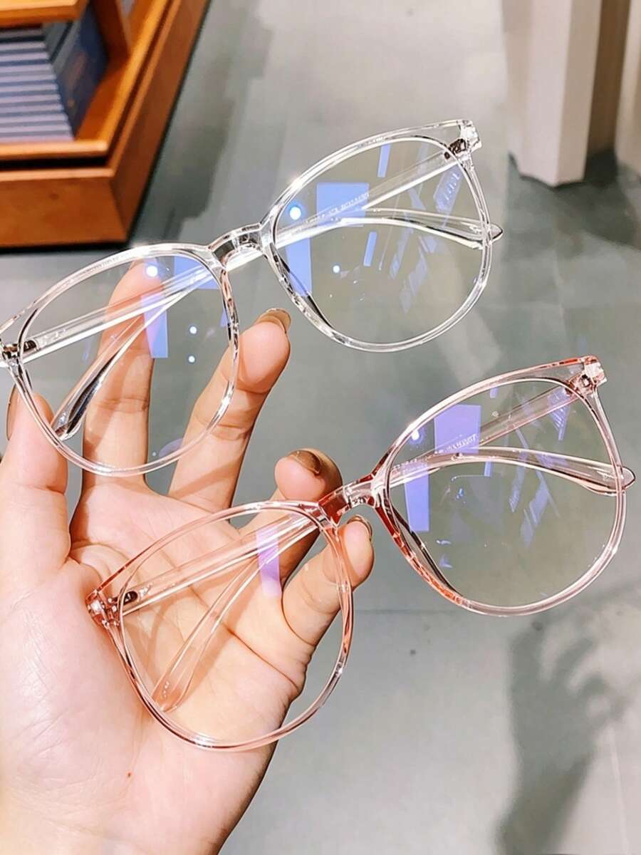 1/2pcs Unisex Round Frame Transparent Lens Glasses, Black & Pink Transparent Frame, Non-Prescription Glasses, Suitable For Students Reading, Gaming, Phone Daily Use