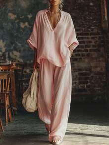 Plus Size Solid Color V-Neck Loose Top & Wide Leg Pants Two-Piece Set For Women - Pink - View 3