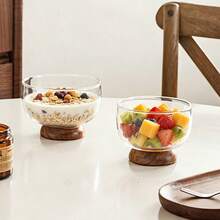 Bestselling Nordic Solid Wood Base Glass Bowl, Transparent Lead-Free Glass Fruit Bowl, Dried Fruit Plate, Dessert Bowl - Wooden-legged Glass Dessert Bowl - View 2