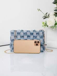 Women's Colorful Contrast Woven Fabric Magnetic Closure Small Square Crossbody Bag - Blue - View 3
