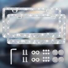 1/2 Pcs License Plate Frame - Durable Shiny License Plate Frame, Women's Style, Stainless Steel, No Obstruction Border, Inlaid With Multi-Faceted Cut Rhinestones, Shiny Rhinestone Diamond Car Accessories, With Shiny Crystal Screw Caps - Multicolor - View 13