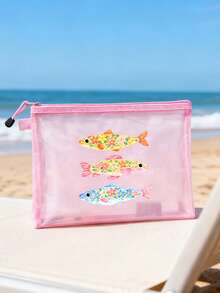 網格化妝包，學院風海灘魚紋，便攜式口紅與氣墊粉底化妝袋，透明盥洗用品收納旅行袋，透明護膚品收納袋，郵輪與宿舍必備，適用於浴室、客廳、臥室裝飾，適合存放珠寶、唇油、指甲油，送給伴娘、媽媽、朋友、老師的可愛禮物，生日禮物，居家收納，化妝盒，夏季海灘度假必備，輕巧防水 - 彩色 - 查看 4