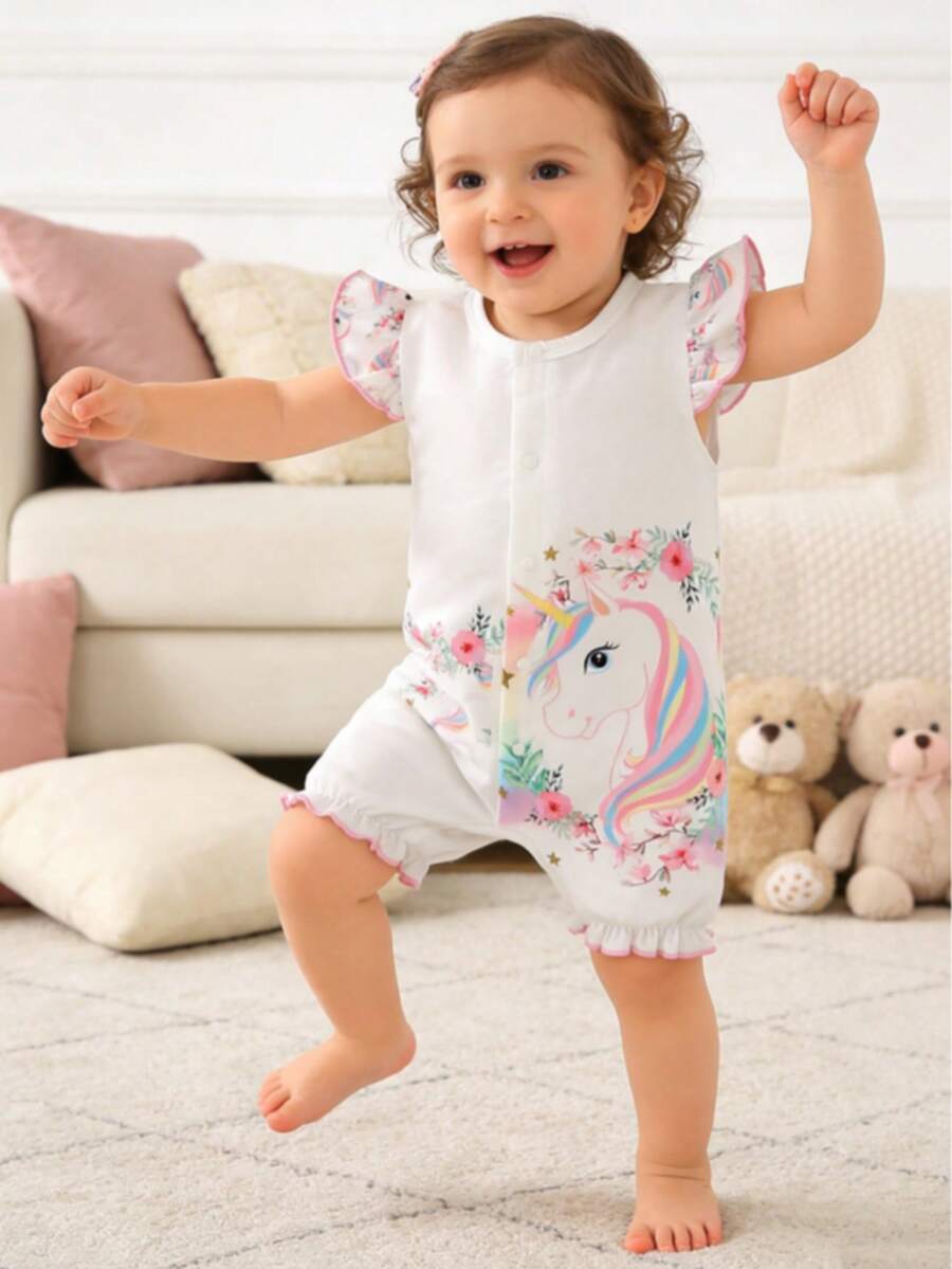 Casual Baby Girl White Giraffe Print Romper, Summer - Baby Pink - View 1
