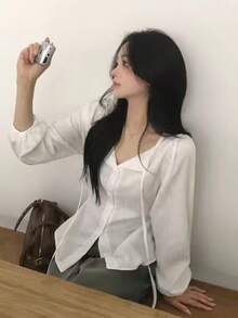 法式風情花瓣袖百搭顯瘦收腰女款上衣 白色 - 白色 - 查看 4