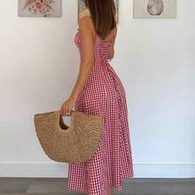jianchaimaoyi02  Vestido a media pantorrilla con tirantes a cuadros para mujeres, de moda y apropiado para el verano - Marrón - Ver 5