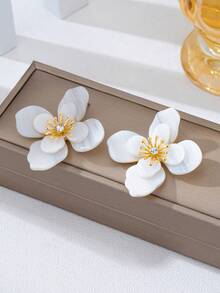 1對夏季壓克力水鑽花朵耳釘 女款日常穿搭飾品 - 白色 - 查看 2
