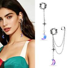 2pcs Hypoallergenic Stainless Steel Ear Tunnels With Chain Cuff, Purple Gradient Moon & Star Dangle Ear Plugs, Double Flared Ear Gauges Expander Piercing Jewelry For Punk Gothic - Moon - View 1