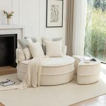 Round Beige Sofa With 5 Cushions And Pouf, Ideal For The Living Room And Bedroom. - Beige - View 4