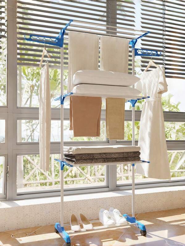 1pc Stainless Steel 4-Tier Drying Rack, Foldable, With Rotating Side Wings And Foldable Shelves, Freestanding, With Casters, Suitable For Indoor And Outdoor Use