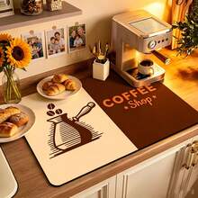 1pc Vintage Coffee Shop Pattern Drying Mat, Non-Slip Water-Absorbent Quick-Dry Coffee Maker Mat, Stain-Resistant Easy-To-Clean Kitchen Countertop Mat, Waterproof Decorative Mat For Coffee Bar, Dish Drying & Home Daily Use - Multicolor - View 3