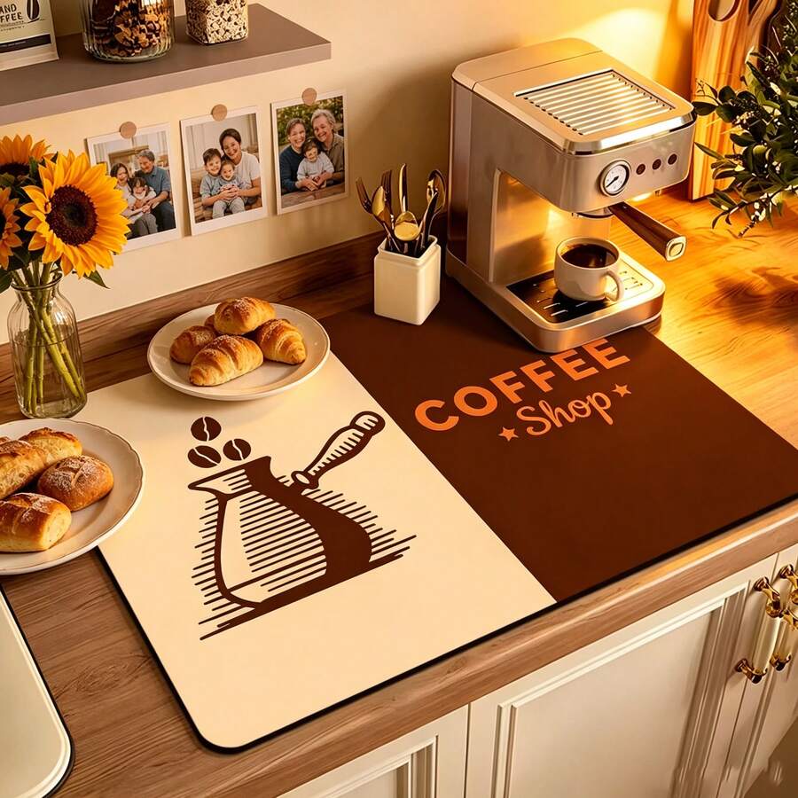 1pc Vintage Coffee Shop Pattern Drying Mat, Non-Slip Water-Absorbent Quick-Dry Coffee Maker Mat, Stain-Resistant Easy-To-Clean Kitchen Countertop Mat, Waterproof Decorative Mat For Coffee Bar, Dish Drying & Home Daily Use - Multicolor - View 1