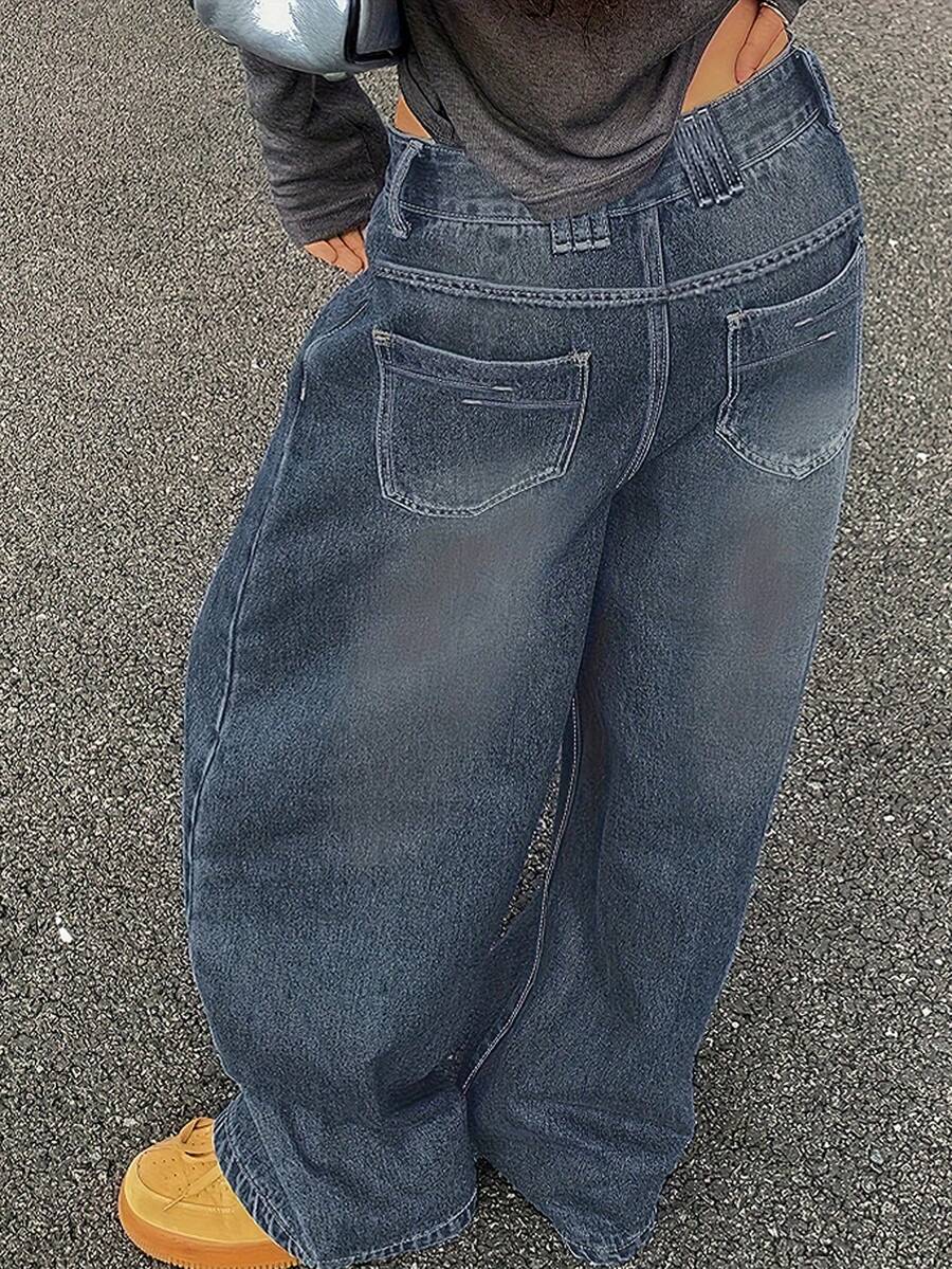 Deep Blue Vintage Washed Loose Fit Pocket Button Denim Jeans Y2K Hot Girl Slimming Drape - Blue - View 1