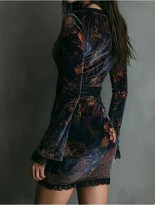 Gothic Boho Velvet Floral Deep V Lace Trim Long Sleeve Bodycon Mini Dress, Vintage Aesthetic Party Cocktail Evening Dress - Azul oscuro - Ver 4