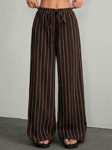Pantalones casuales anchos de pierna ancha con cintura de corbata y rayas para mujer - Café integral - Ver 1