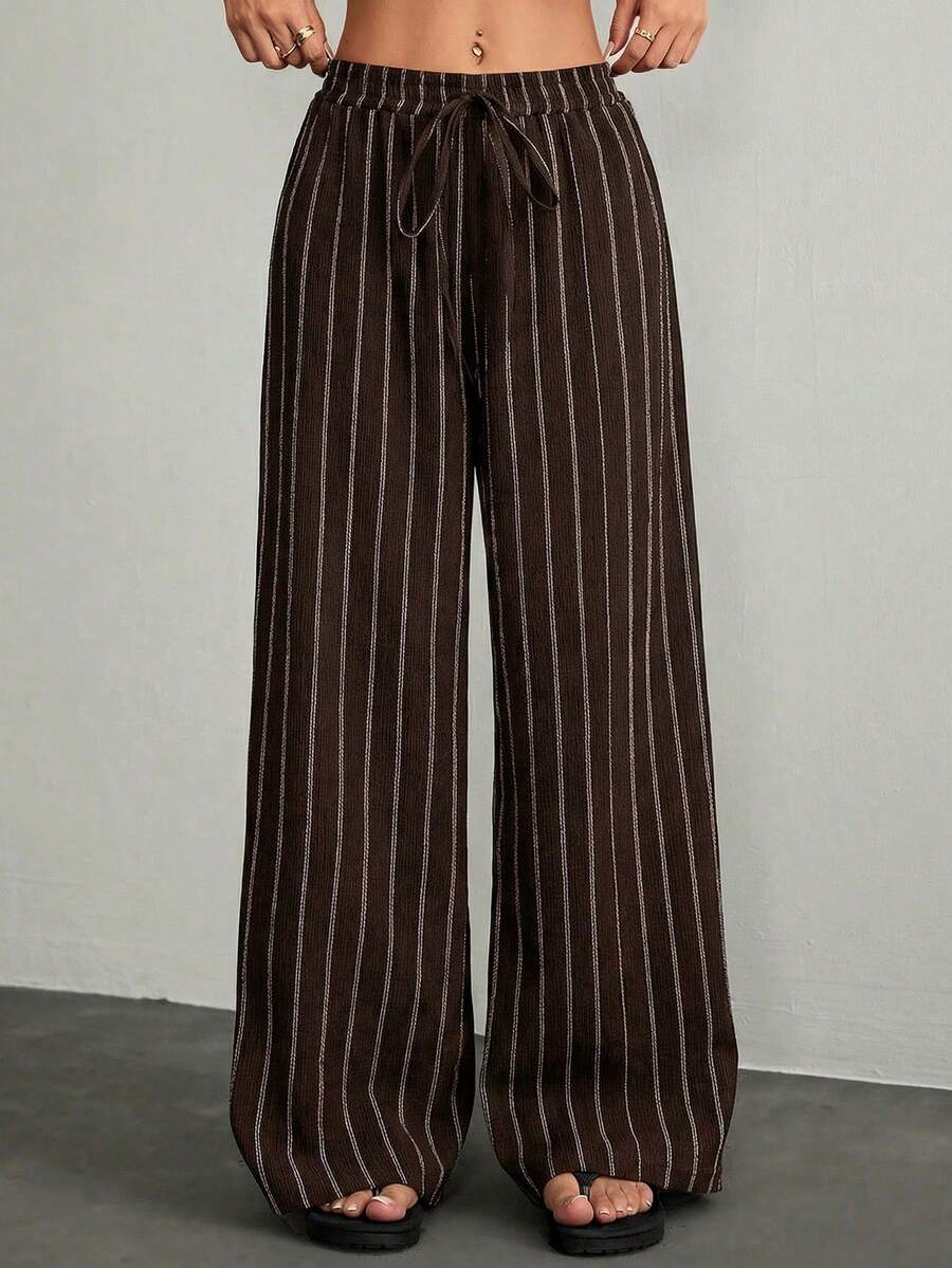 Pantalones casuales anchos de pierna ancha con cintura de corbata y rayas para mujer - Café integral - Ver 1