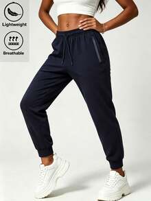 Women's Summer Ice Silk Cool Jogging Pants, Quick-Dry Lightweight Sports Pants With Zipper Pockets And Elastic Waistband, Suitable For Fitness And Running - Navy Blue - View 2