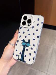 1pc Ins Style Black Cat With Fashion Glasses & Stars Transparent Shockproof Phone Case, Full Coverage Soft Shell, Niche Quirky Cool Protective Cover, Perfect Gift Choice, Compatible With Apple IPhone17/17Pro/17ProMax/16/11/16Plus/16ProMax/16e/15ProMax/13/14/12/14ProMax/12ProMax/13ProMax/12Pro/13Pro/14Pro - White Frames, Translucent White - View 3