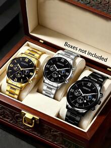 3pcs Men's Casual Luxury Business Quartz Watch Set - Fashionable Round Dial, Date Function, Alloy Case And Stainless Steel Strap - Perfect Holiday Gift For Men - Multicolor - View 2