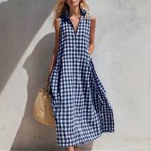 2026 Summer New Loose Comfortable Sleeveless Plaid Women's Dress - Blue - View 5