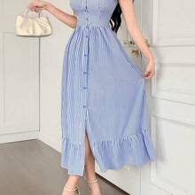 yonghongmaoyi1  Vestido de tirantes con volantes y estampado floral diminuto, vestido elegante de cuello cuadrado para uso diario - Blanco - Ver 5