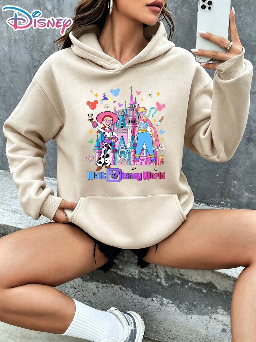 Disney Authorized Sweater, Disney Toy Story Jesse & Walter Disney World Castle Snack Pattern Printed Hoodie Women's Dress, Kangaroo Pocket - Apricot - View 1