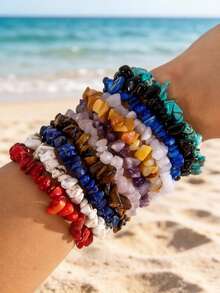 imoli 1pc/Fashion Bohemian Crushed Stone Handmade Beaded Multicolor Bracelet Elastic Stretch Bracelet For Women, Suitable For Summer Vacation Stacking Wear, Perfect Gift For Friends And Besties - Multicolor - View 2