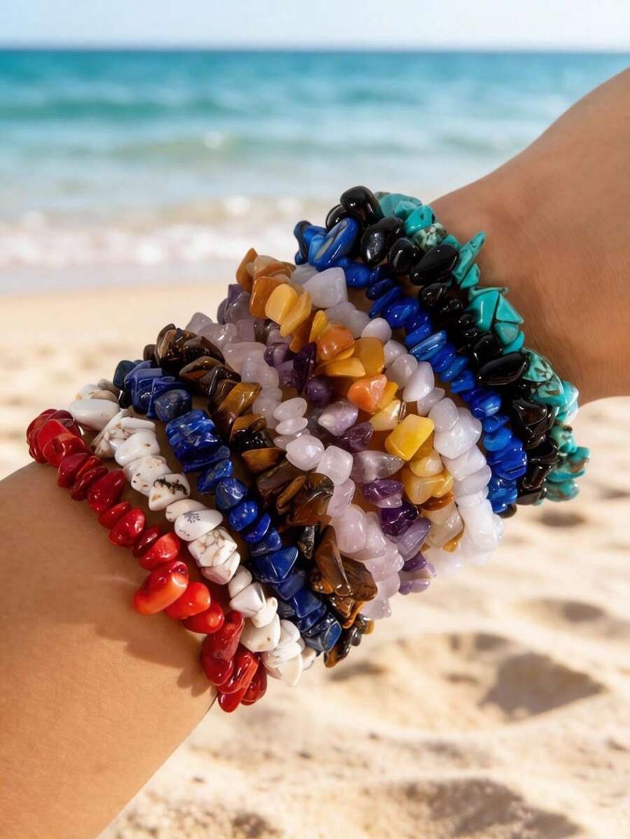 imoli 1pc/Fashion Bohemian Crushed Stone Handmade Beaded Multicolor Bracelet Elastic Stretch Bracelet For Women, Suitable For Summer Vacation Stacking Wear, Perfect Gift For Friends And Besties
