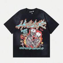 Hellstars Skeleton Couple Rock N Roll Y2K Graphic T-Shirt180g 100 CottonRound Neck Short SleeveBlack Streetwear Essentia - 黑色 - 查看 1