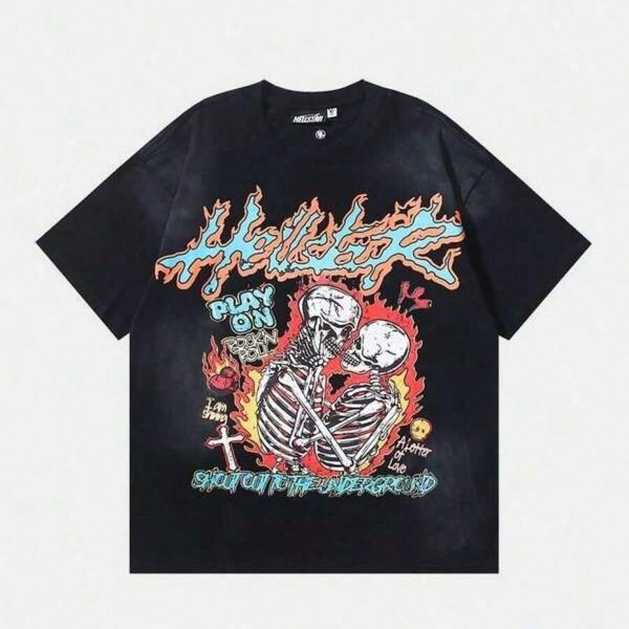 Hellstars Skeleton Couple Rock N Roll Y2K Graphic T-Shirt180g 100 CottonRound Neck Short SleeveBlack Streetwear Essentia - 黑色 - 查看 1